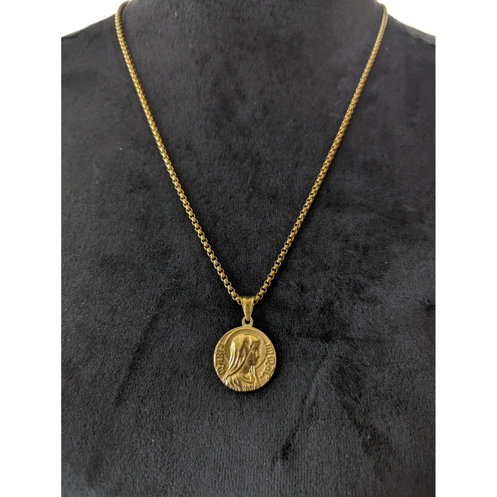 Serenity Prayer Virgin Mary Medallion Necklace Gold 316L Stainless Steel 24in